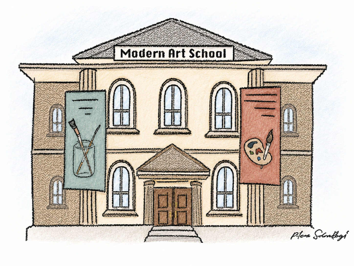 Illustration eines Schulgebäudes mit dem Schild „Modern Art School“ und Kunst-Bannern